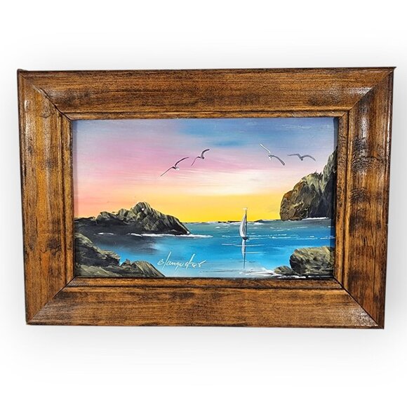 Vintage Daniel Blanquet Mexican Miniature Oil Painting Sailboat Seagulls Sunset - Picture 1 of 5